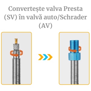 Adaptor valvă Presta (SV) în valvă Auto/Schrader (AV) pentru biciclete, HZJD, Argintiu - Img 2