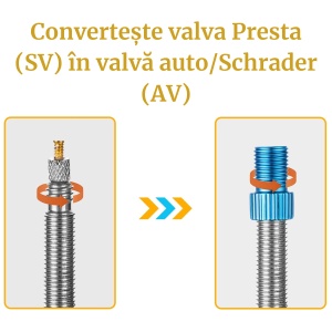 Adaptor valvă Presta (SV) în valvă Auto/Schrader (AV) pentru biciclete, HZJD, Portocaliu deschis - Img 2