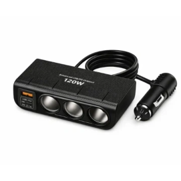 Triplu brichetă auto 120W cu 3 prize, 1 USB, 1 Type C