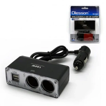 Triplu brichetă auto cu fir 2 prize si 2 usb