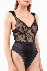 Body damă, cupe tip balconette cu arcuri, burete și dantelă florală, Gisela 2- 10146 negru lateral