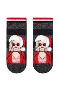 Șosete haioase Crăciun cu lurex și strasuri, model Miss Santa, Conte Elegant 162