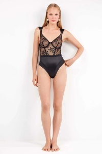 Body damă, cupe tip balconette cu arcuri, burete și dantelă florală, Gisela 2- 10146 negru fata