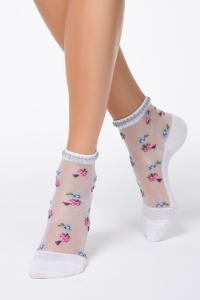 Șosete poliamidă 1/2 cu model floral și picot din lurex, Fantasy 137
