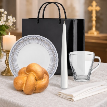 Pachet Parastas Memory 12 - Farfurie, Cana de sticla, Prescura, Lumanare, Servet