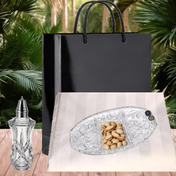 Pachet Parastas Memory 6 - Platou compartimentat de Cristal, Solnita de Cristal, Fata de masa