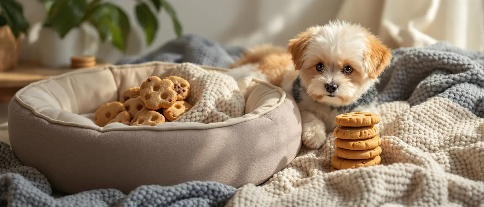 Cozy round pet bed with a fluffy small dog and a stack of treats on a knit blanket