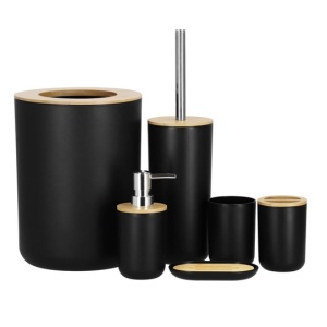 SET DE ACCESORII ROTUNDE PENTRU BAIE DIN PLASTIC CU ELEMENTE BAMBUS 6 PIESE NEGRU HA-5154