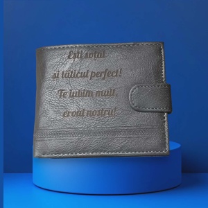 Portofel personalizat, piele ecologica, gri, sotul perfect-eroul