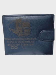 Portofel personalizat, piele naturala, culoare albastru inchis - cu tir si text