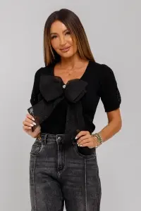 Bluză neagră din tricot reiat cu fundiță