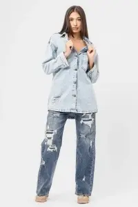 Cămașă lungă din denim albastru deschis cu imprimeu Minnie Mouse pe spate - Img 2