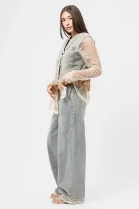 Compleu din denim spălat cu jachetă și pantaloni largi cu dantelă - Img 2