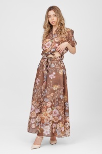 Compleu maro din tencel cu imprimeu floral, top scurt și fustă lungă
