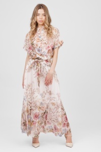 Compleu roz din tencel cu imprimeu floral, top scurt și fustă lungă
