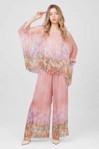 Compleu roz prăfuit cu imprimeu floral și pantalon larg - Img 2