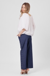 Pantaloni din denim bleumarin cu ținte metalice rotunde în laterale și curea - Img 2