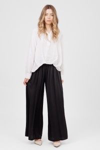 Pantaloni evazați negri din viscoză cu talie elastică - Img 3