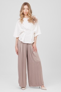 Pantaloni evazați taupe din viscoză cu talie elastică - Img 3