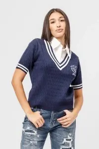 Pulover bleumarin cu decolteu în V, dungi contrastante și emblemă brodată