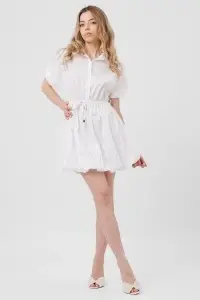 Rochie albă din bumbac cu croială balon și șnur - Img 3
