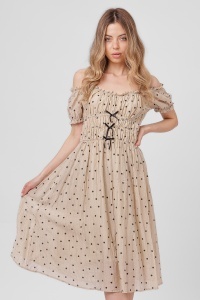 Rochie bej cu buline și corset cu șiret