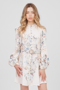 Rochie crem din viscoză cu imprimeu floral și nasturi decorativi