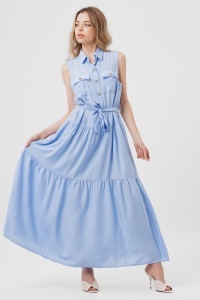 Rochie maxi bleu cu nasturi aurii și buzunare - Img 2