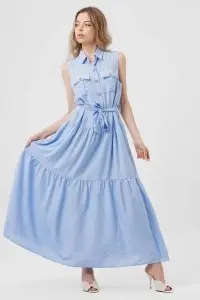 Rochie maxi bleu cu nasturi aurii și buzunare - Img 2
