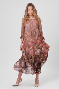 Rochie maxi boho vișinie din viscoză și mătase cu imprimeu vișiniu - Img 3