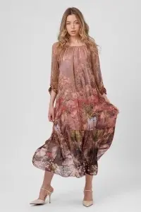 Rochie maxi boho vișinie din viscoză și mătase cu imprimeu vișiniu - Img 3