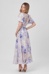 Rochie maxi ivory din viscoză cu imprimeu floral bleu - Img 4