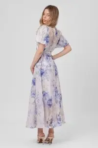 Rochie maxi ivory din viscoză cu imprimeu floral bleu - Img 4