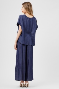 Compleu bleumarin din lyocell cu top lejer și pantaloni largi - Img 2