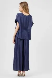 Compleu bleumarin din lyocell cu top lejer și pantaloni largi - Img 2