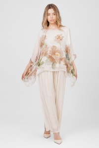Compleu crem din viscoză și mătase cu bluză florală și pantalon larg - Img 2