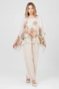 Compleu crem din viscoză și mătase cu bluză florală și pantalon larg - Img 2