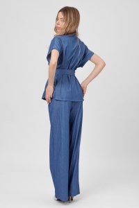 Compleu din denim bleumarin deschis cu cordon și pantaloni largi - Img 3