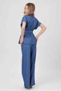 Compleu din denim bleumarin deschis cu cordon și pantaloni largi - Img 3