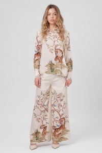 Compleu ivory cu imprimeu 80% bumbac format din cămașă și pantalon palazzo