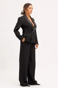 Compleu negru tip smoking format din sacou cu revere din imitație de piele și pantaloni largi - Img 2