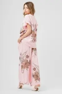 Compleu roz din in cu imprimeu floral și pantaloni largi - Img 2