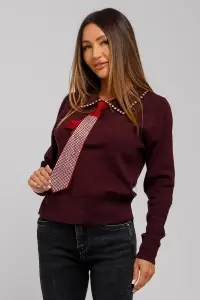 Pulover maro din viscoză cu guler accesorizat și cravată detașabilă