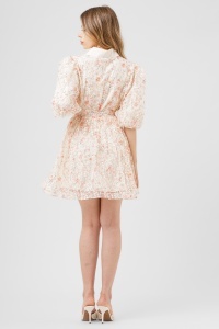 Rochie crem din viscoză cu broderie florală, mâneci bufante și tiul - Img 3