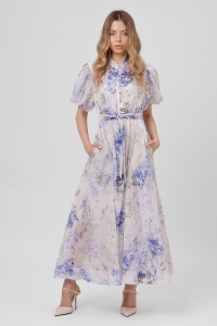 Rochie maxi ivory din viscoză cu imprimeu floral bleu