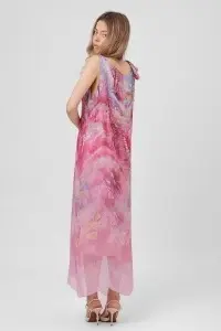 Rochie maxi roz din viscoză și mătase cu imprimeu peisaj - Img 4