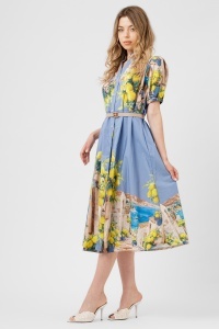 Rochie midi bleu din bumbac cu imprimeu mediteraneean
