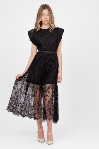 Rochie midi neagră din dantelă cu cordon cu trandafir - Img 3