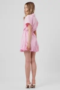 Rochie roz din bumbac cu croială balon și șnur - Img 3
