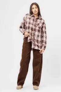 Cămașă oversized maro cu roz în carouri cu aspect vintage - Img 6